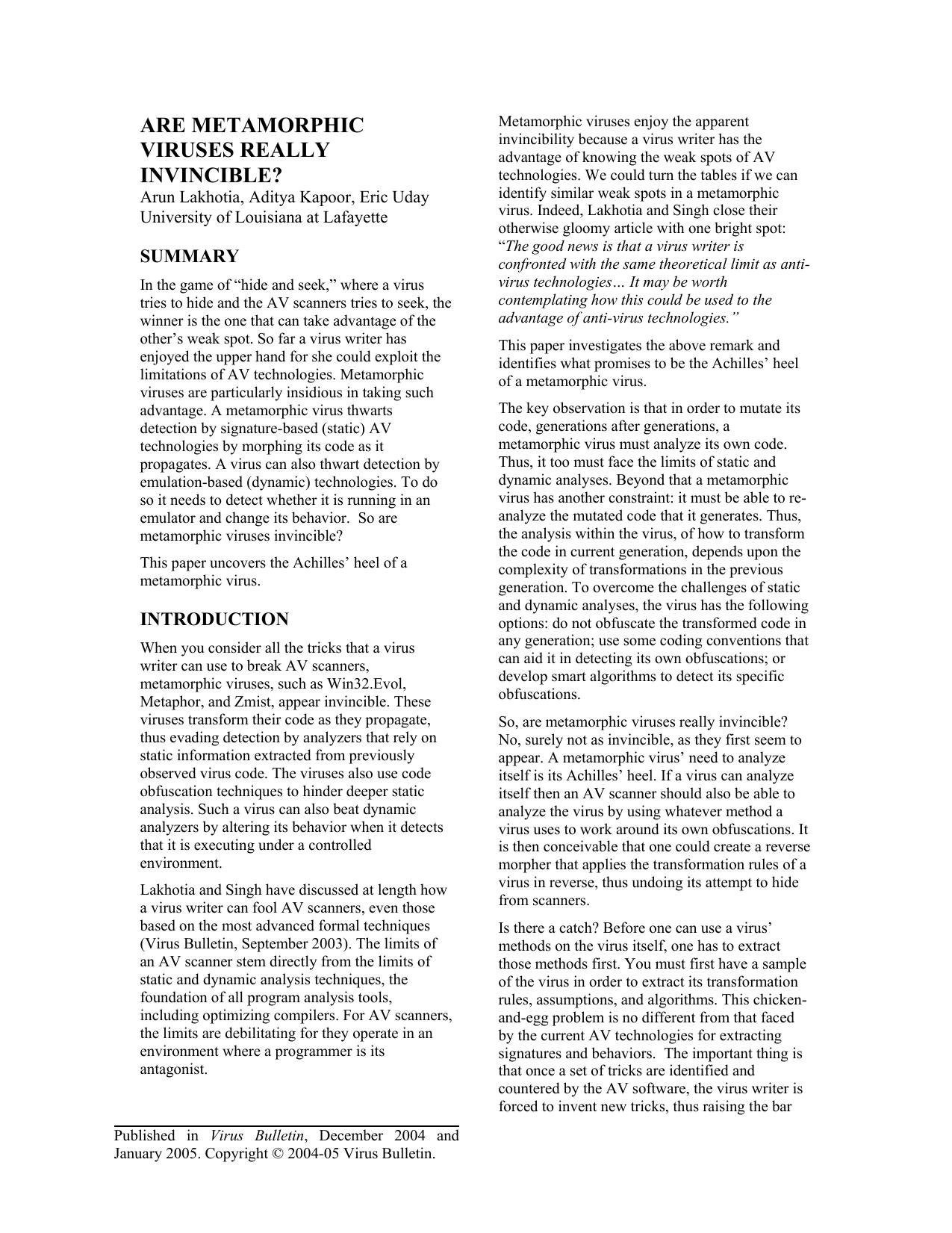 Are Metamorphic Viruses Really Invincible by axk6125