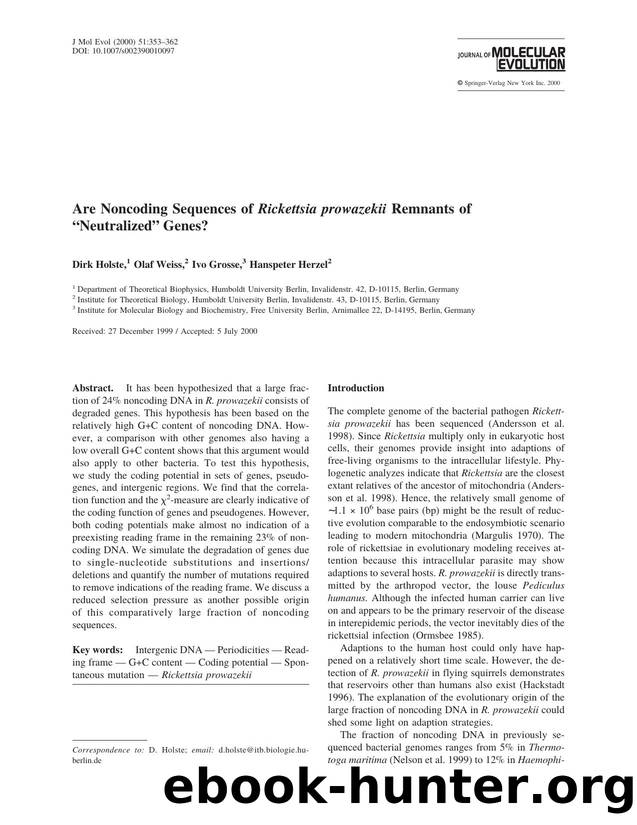 Are Noncoding Sequences of Rickettsia prowazekii Remnants of "Neutralized" Genes? by Holste D. et al