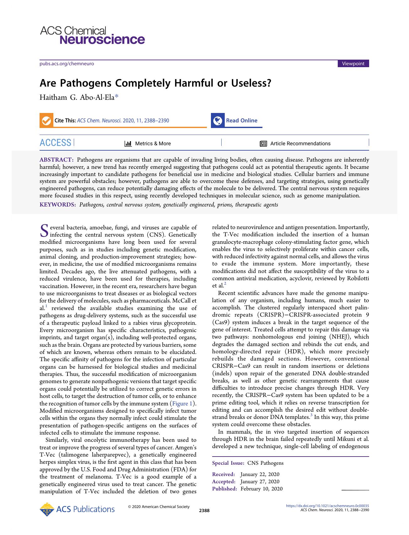 Are Pathogens Completely Harmful or Useless? by Haitham G. Abo-Al-Ela
