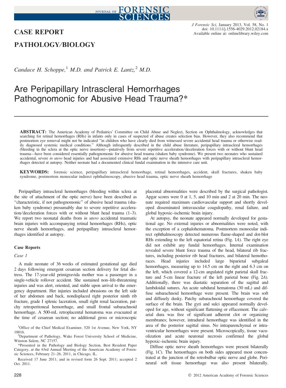 Are Peripapillary Intrascleral Hemorrhages Pathognomonic for Abusive Head Trauma?* by Unknown