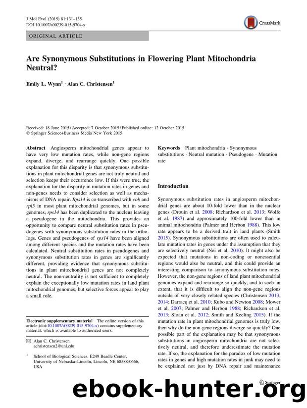 Are Synonymous Substitutions in Flowering Plant Mitochondria Neutral? by Emily L. Wynn & Alan C. Christensen