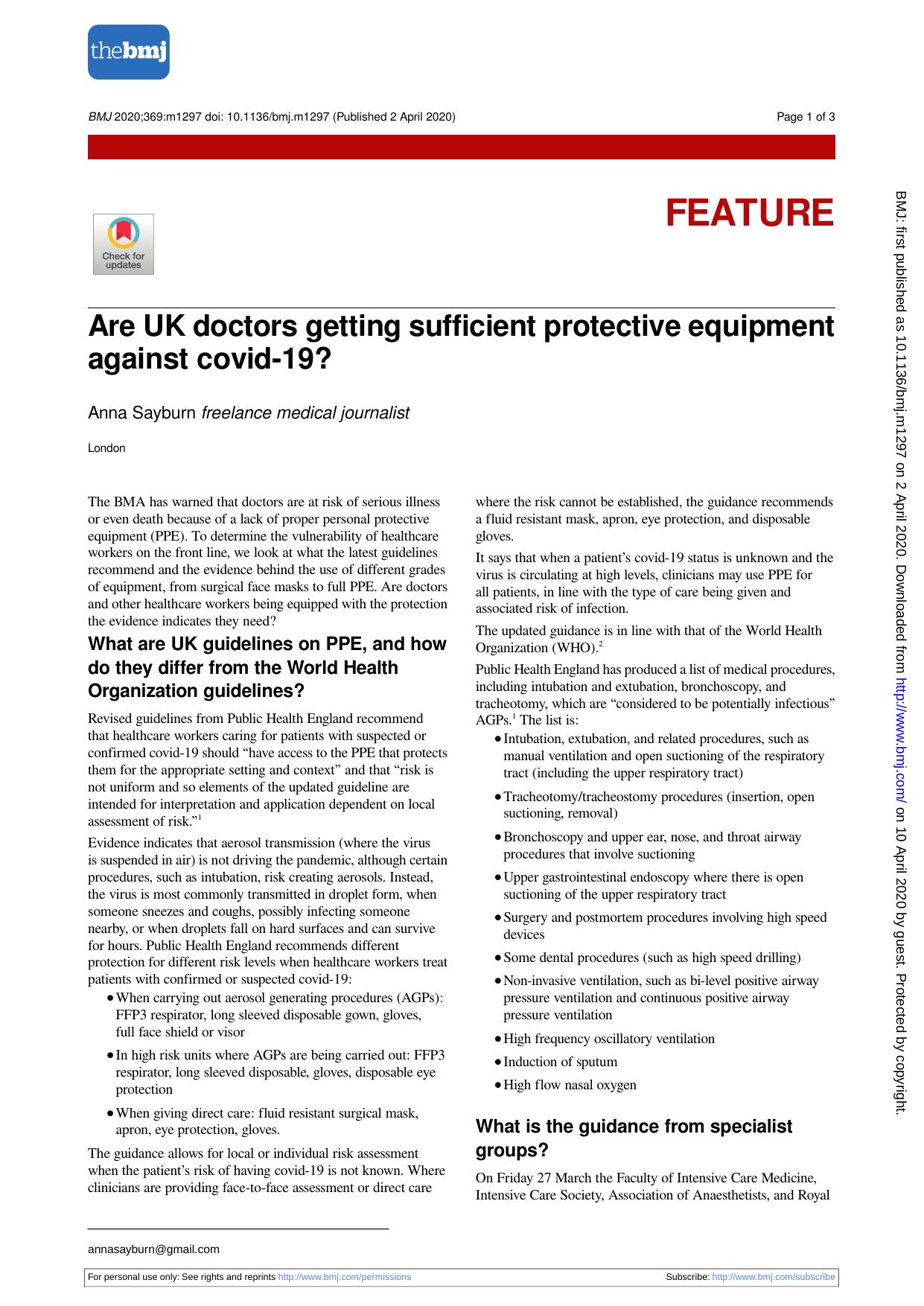 Are UK doctors getting sufficient protective equipment against covid-19? by Anna Sayburn