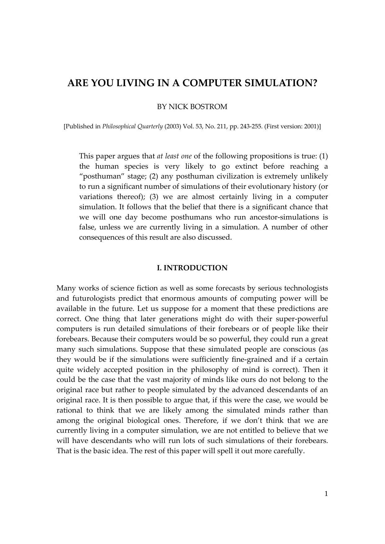 Are You Living in a Computer Simulation? by Nick Bostrom