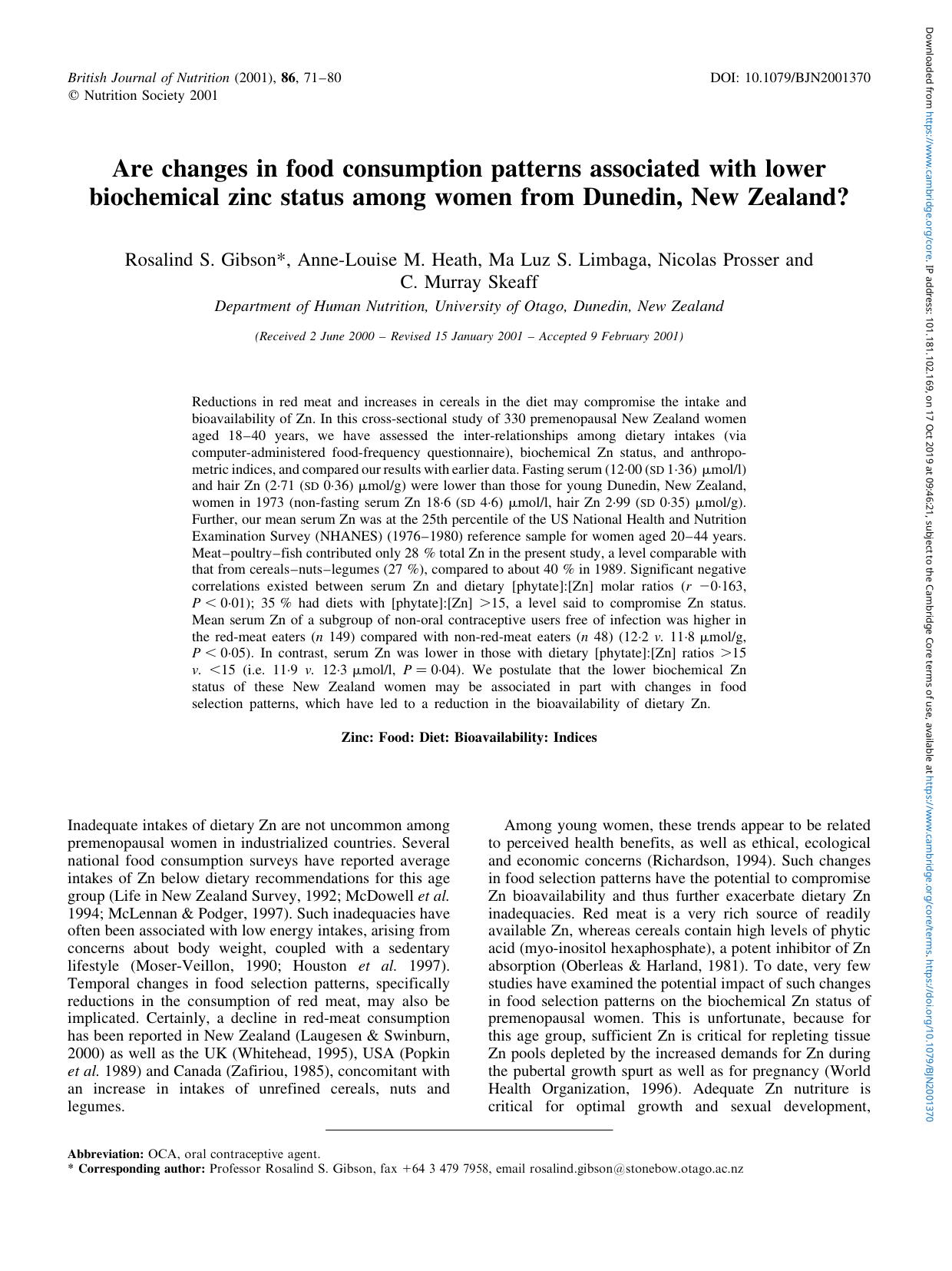 Are changes in food consumption patterns associated with lower biochemical zinc status among women from Dunedin, New Zealand? by Rosalind S. Gibson Anne-Louise M. Heath Ma Luz S. Limbaga Nicolas Prosser C. Murray Skeaff