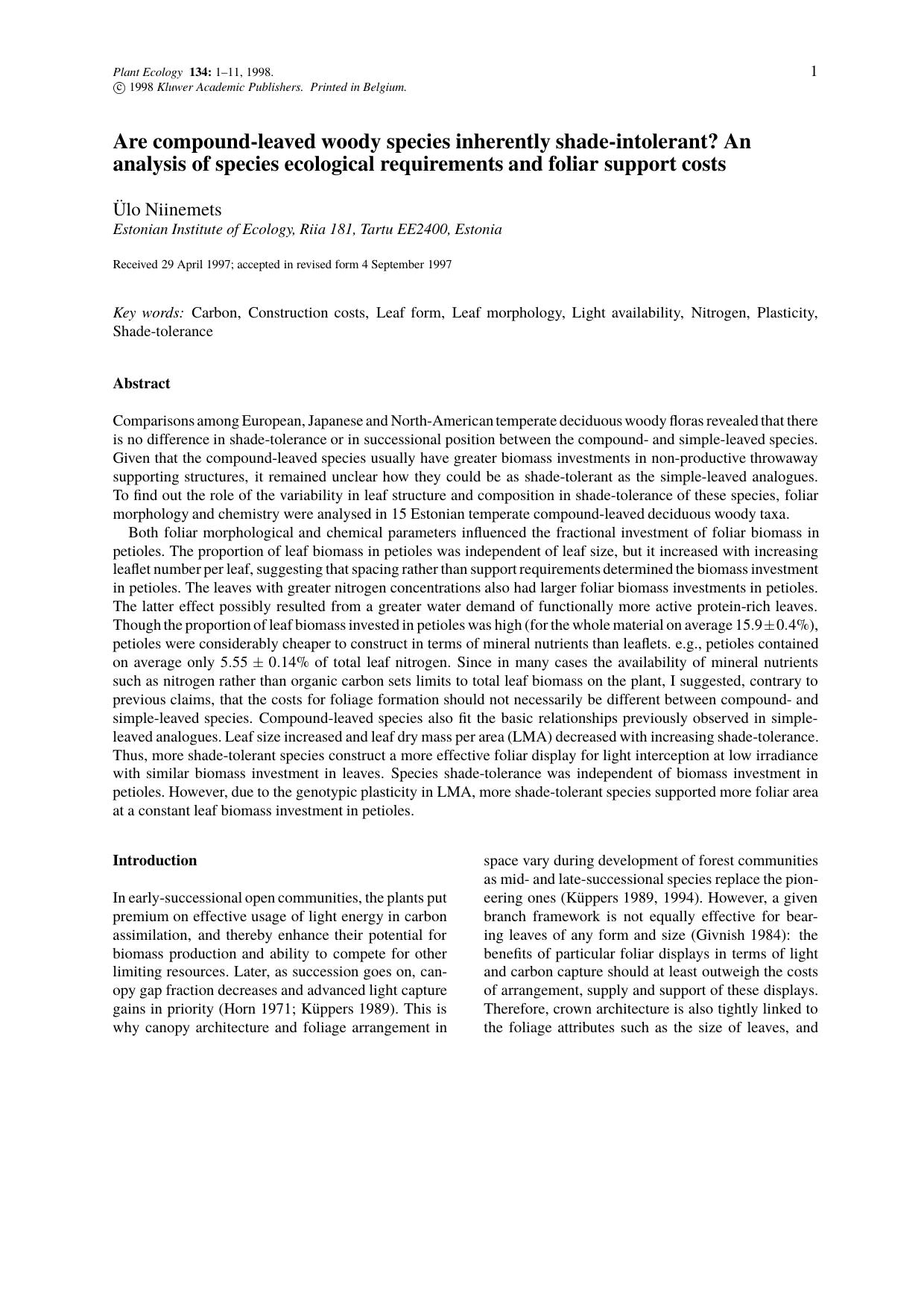Are compound-leaved woody species inherently shade-intolerant? An analysis of species ecological requirements and foliar support costs by Unknown