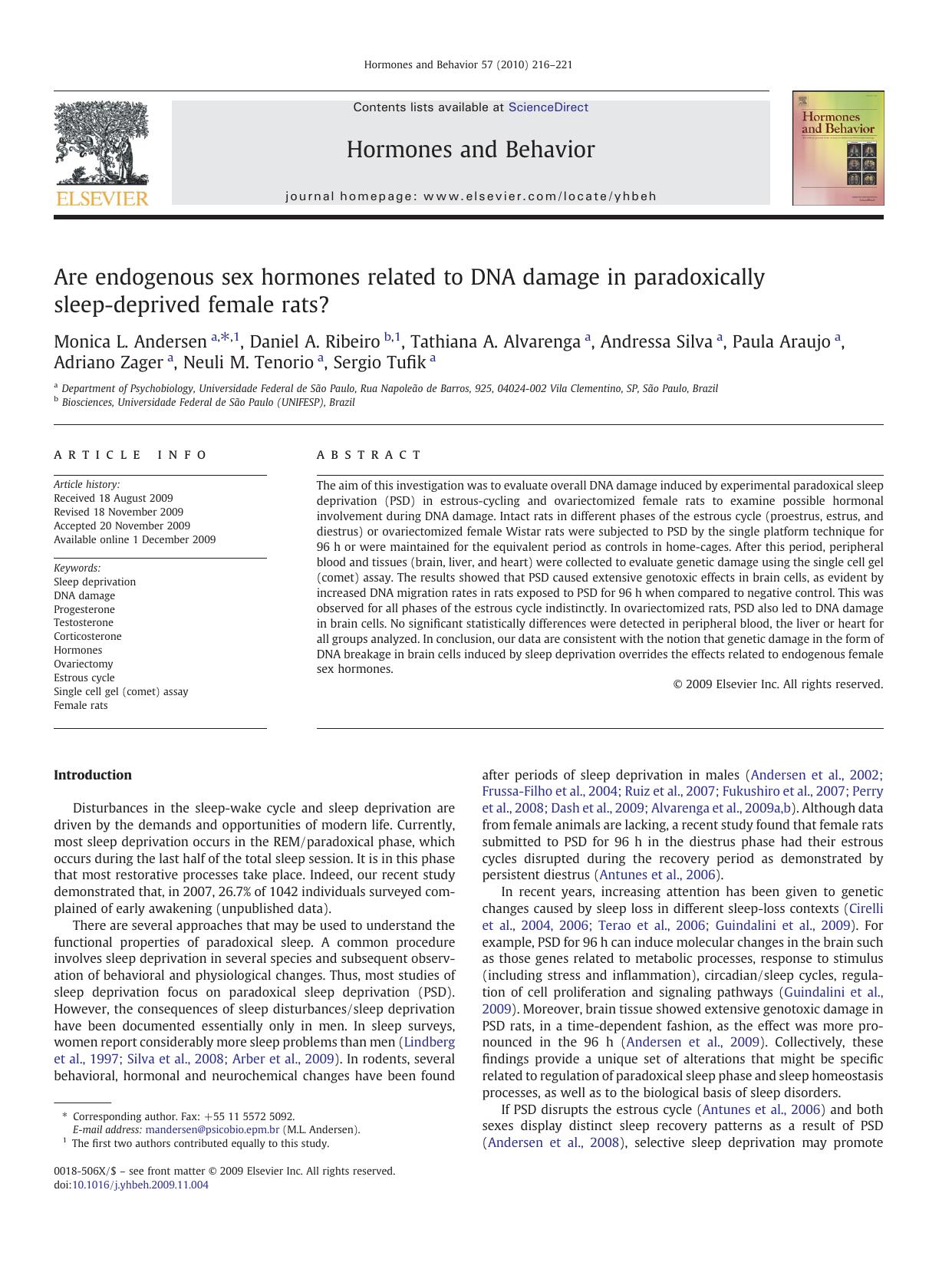 Are endogenous sex hormones related to DNA damage in paradoxically sleep-deprived female rats? by unknow