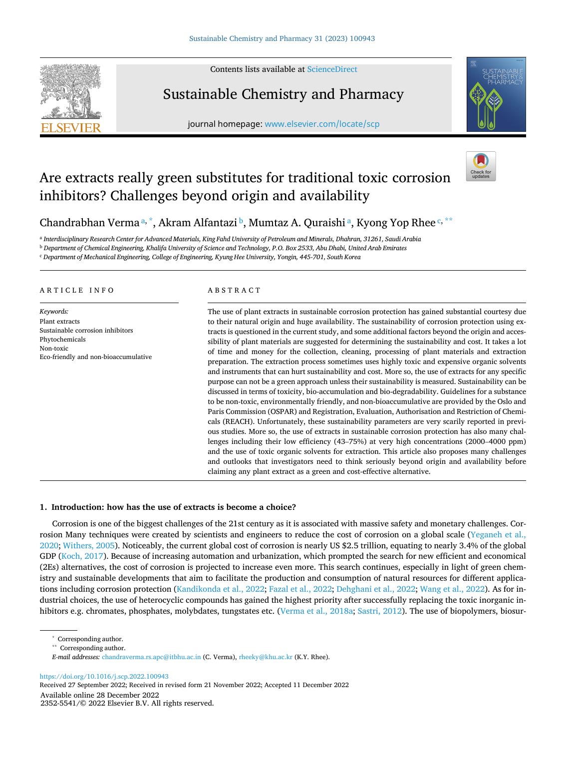 Are extracts really green substitutes for traditional toxic corrosion inhibitors? Challenges beyond origin and availability by Chandrabhan Verma & Akram Alfantazi & Mumtaz A. Quraishi & Kyong Yop Rhee