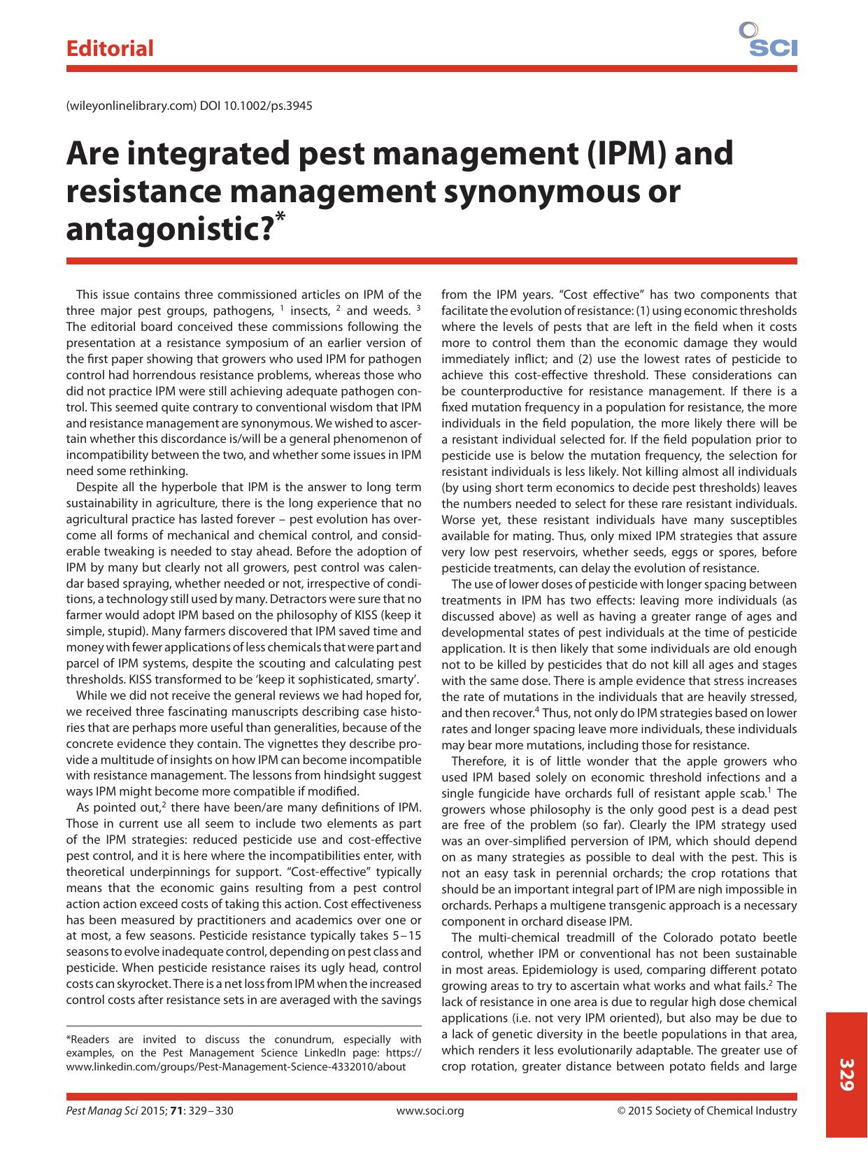 Are integrated pest management (IPM) and resistance management synonymous or antagonistic?* by Unknown