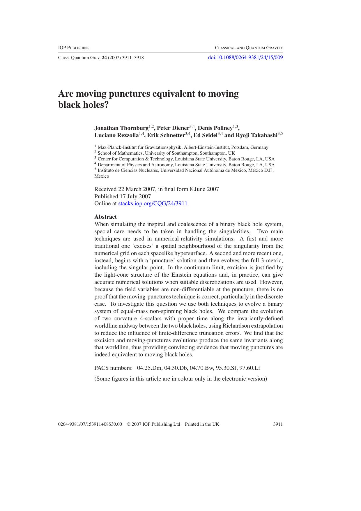 Are moving punctures equivalent to moving black holes? by J Thornburg et al