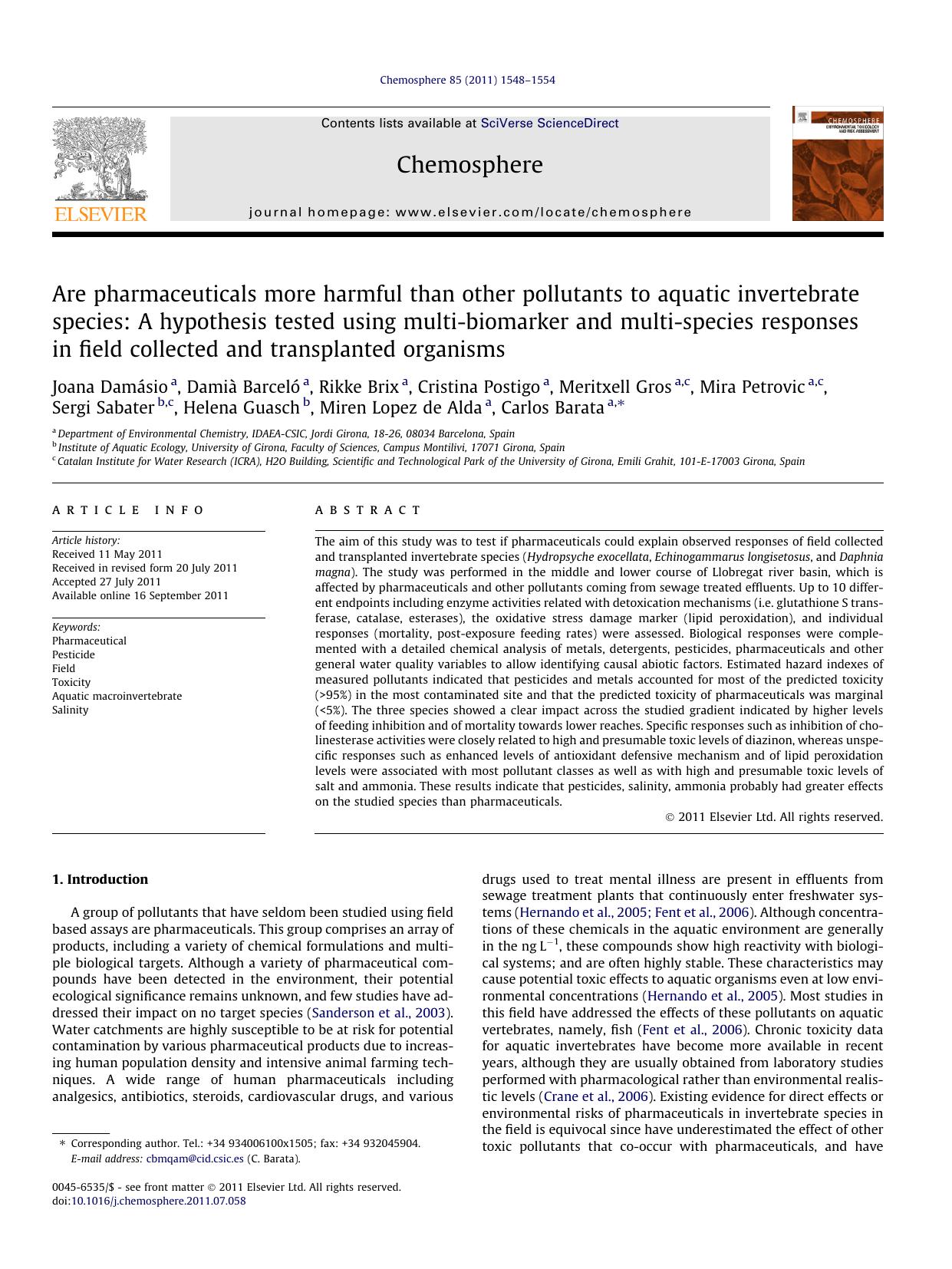 Are pharmaceuticals more harmful than other pollutants to aquatic invertebrate species: A hypothesis tested using multi-biomarker and multi-species responses in field collected and by unknow