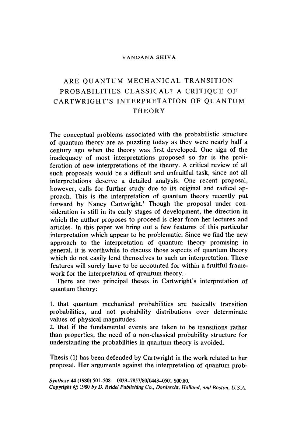 Are quantum mechanical transition probabilities classical? A critique of Cartwright's interpretation of quantum theory by Unknown