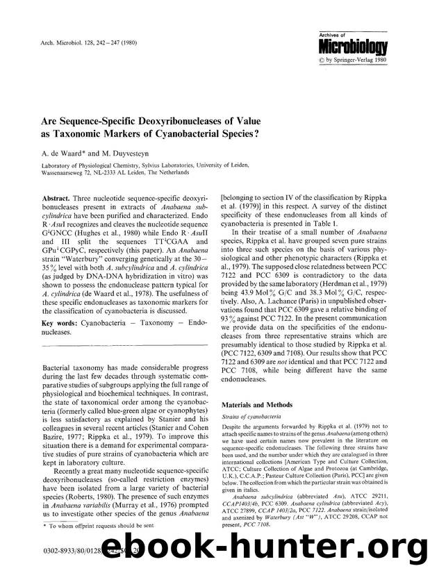 Are sequence-specific deoxyribonucleases of value as taxonomic markers of cyanobacterial species? by Unknown