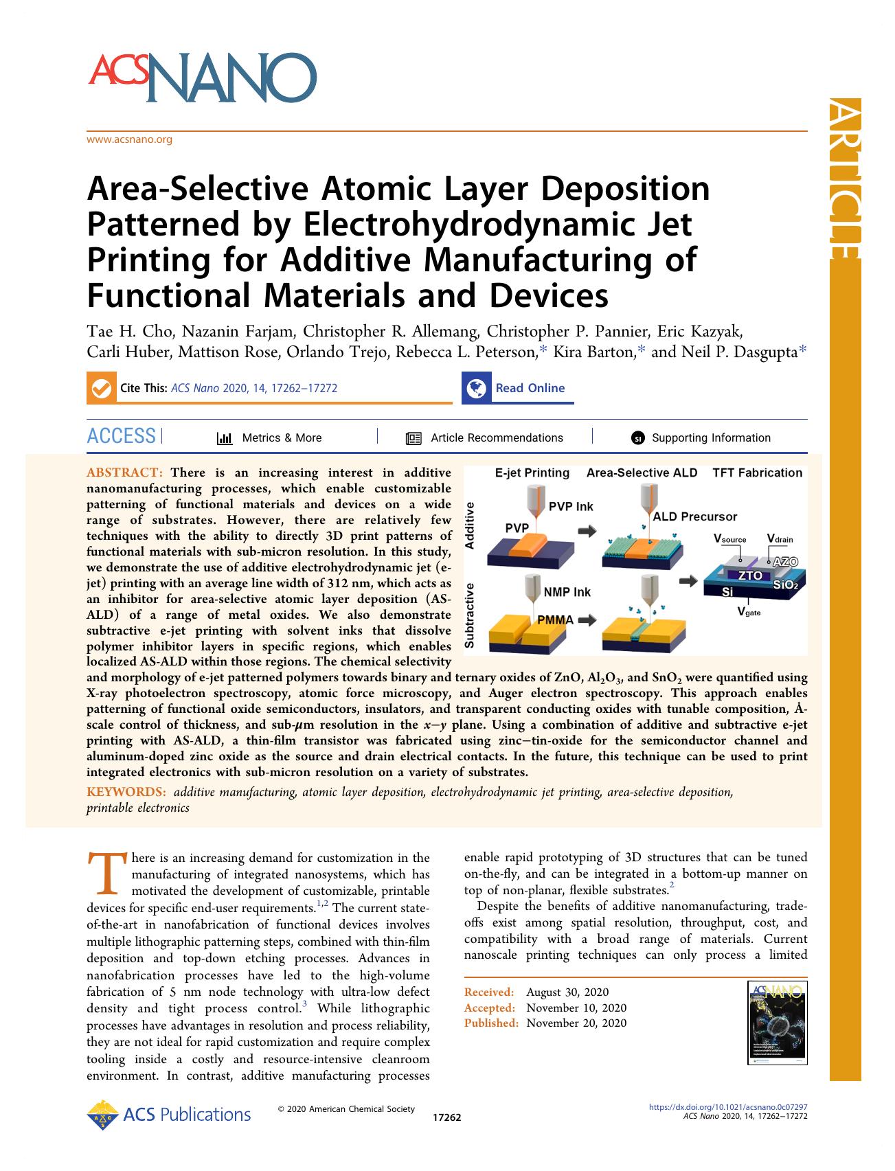 Area-Selective Atomic Layer Deposition Patterned by Electrohydrodynamic Jet Printing for Additive Manufacturing of Functional Materials and Devices by unknow