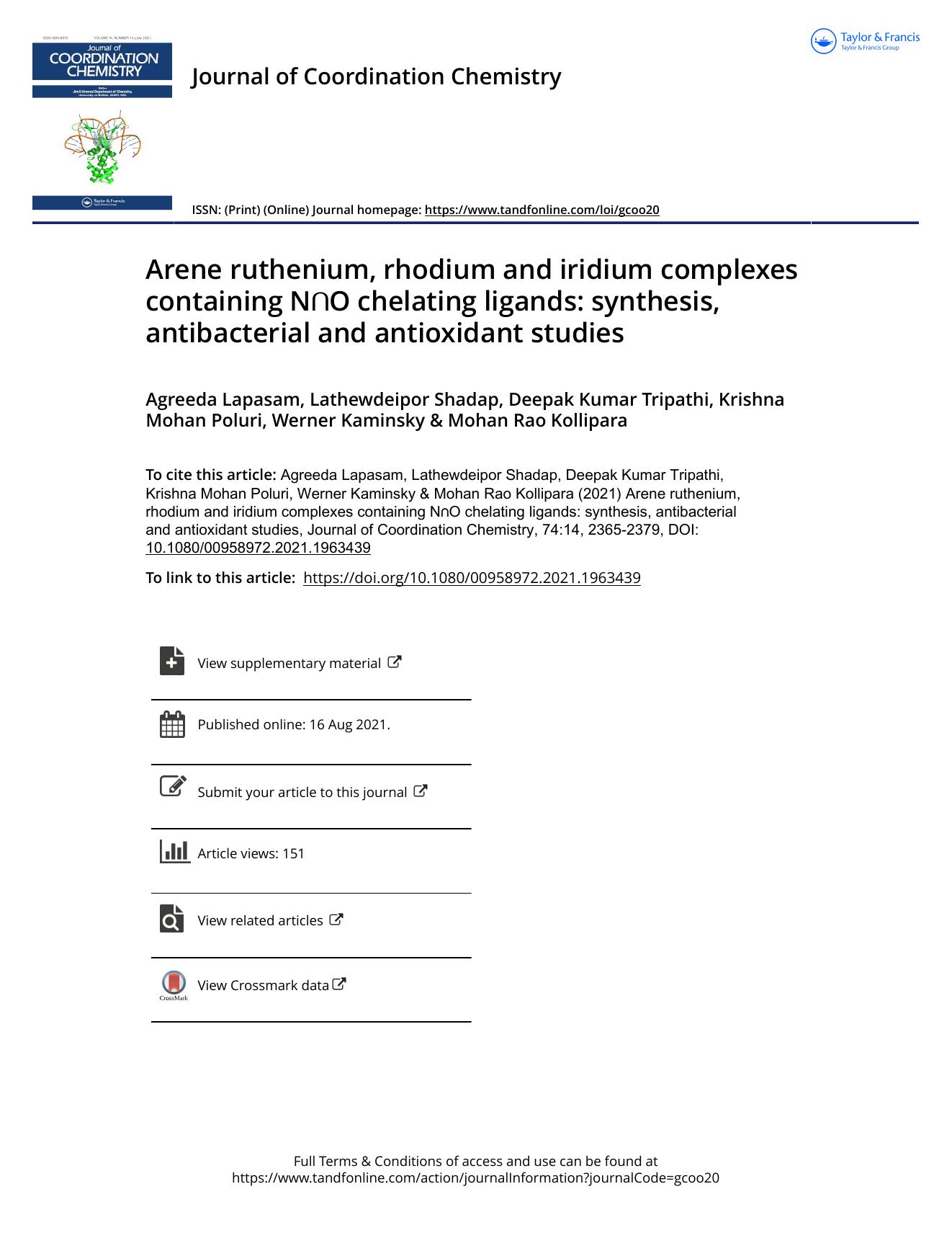 Arene ruthenium, rhodium and iridium complexes containing Nâ©O chelating ligands: synthesis, antibacterial and antioxidant studies by unknow