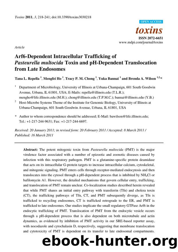 Arf6-Dependent Intracellular Trafficking of Pasteurella multocida Toxin and pH-Dependent Translocation from Late Endosomes by Tana L. Repella & Mengfei Ho & Tracy P. M. Chong & Yuka Bannai & Brenda A. Wilson