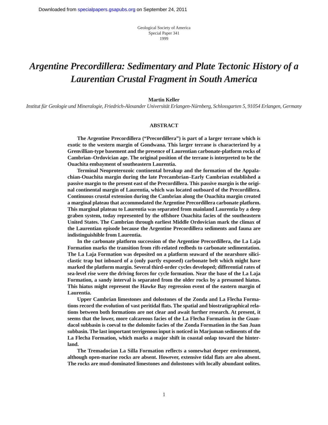 Argentine Precordillera: Sedimentary and Plate Tectonic History of a Laurentian Crustal Fragment in South America (Special Paper (Geological Society of America)) by Martin Keller