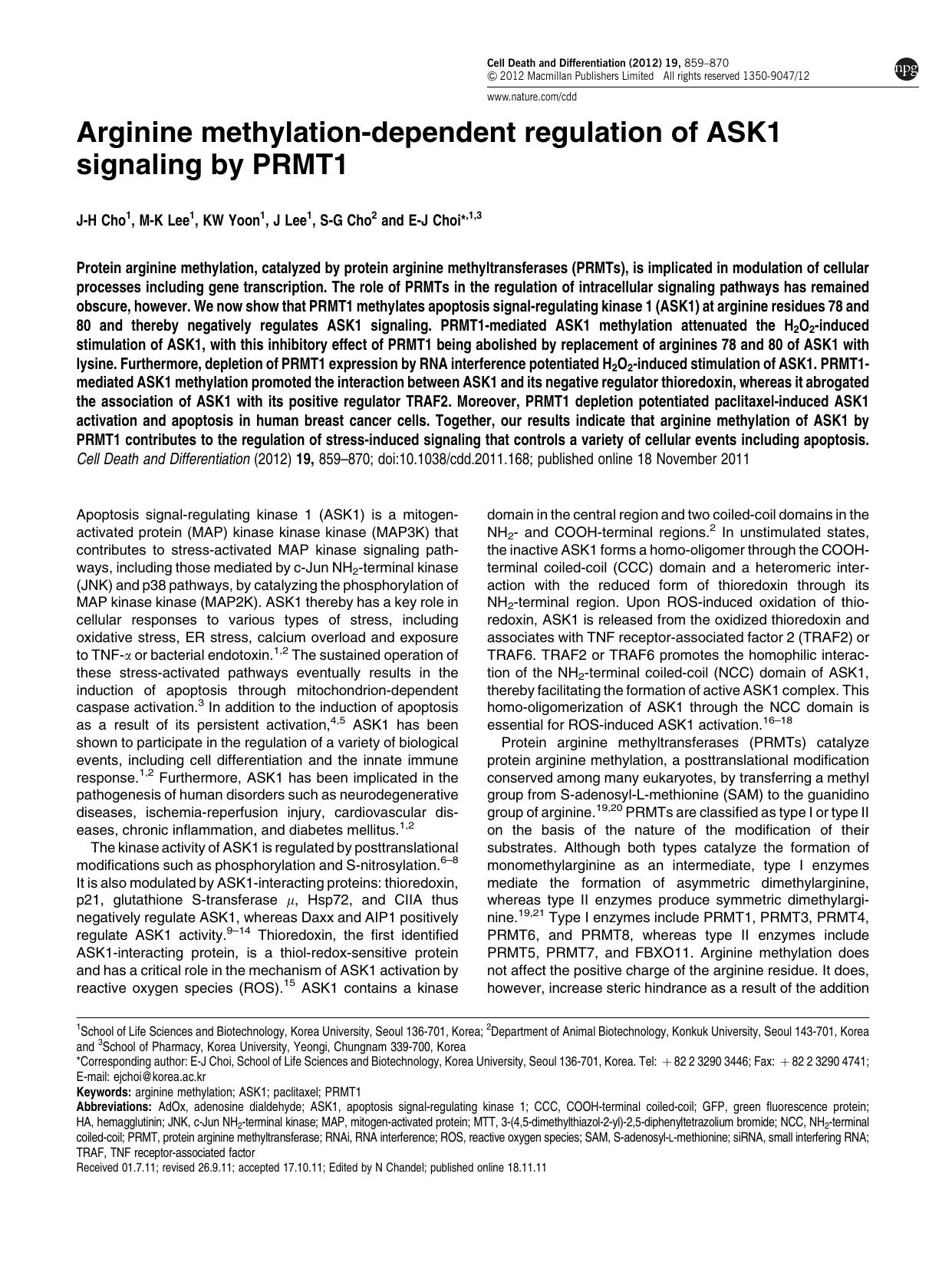 Arginine methylation-dependent regulation of ASK1 signaling by PRMT1 by J-H Cho & M-K Lee & K W Yoon & J Lee & S-G Cho & E-J Choi