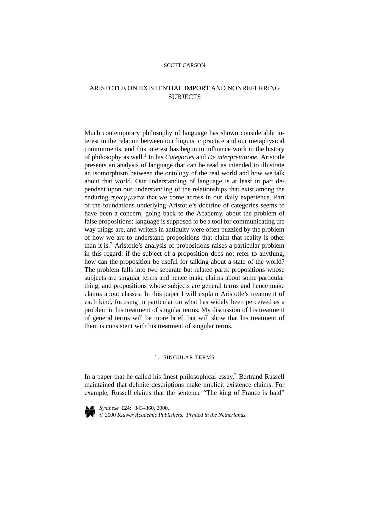 Aristotle On Existential Import And Nonreferring Subjects by Unknown