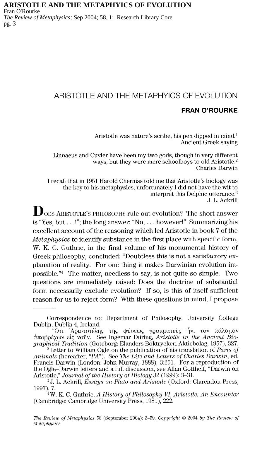 Aristotle and evolution by O'Rouke F