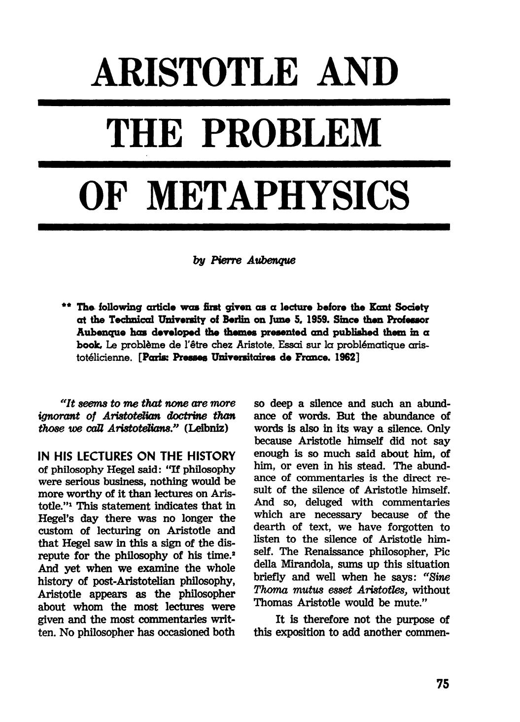 Aristotle and the problem of Metaphysics by Pierre Aubenque