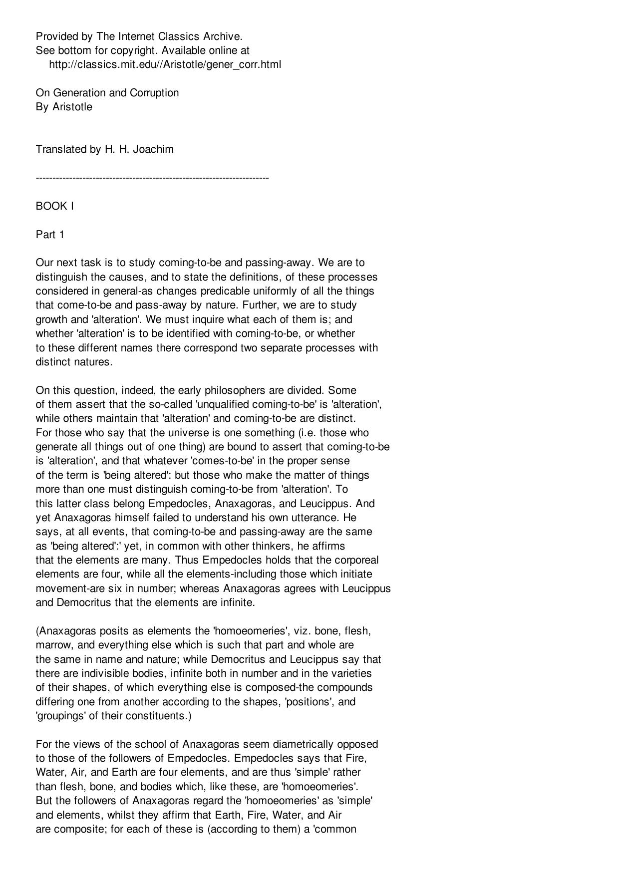 Aristotle by On Generations & Corruptions