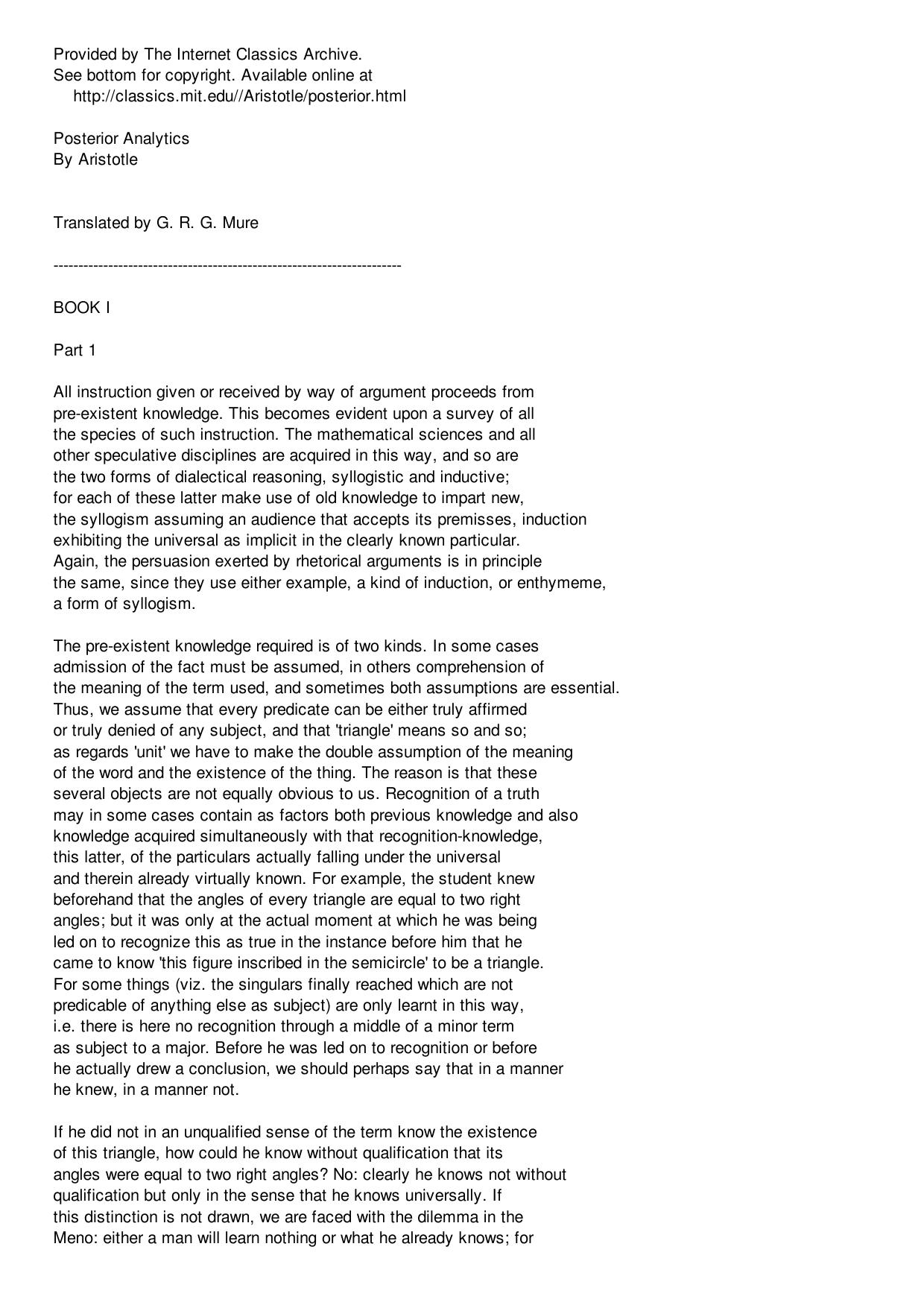 Aristotle by Posterior Analytics
