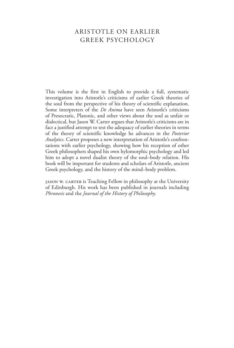 Aristotle on Earlier Greek Psychology: The Science of Soul by Jason W Carter