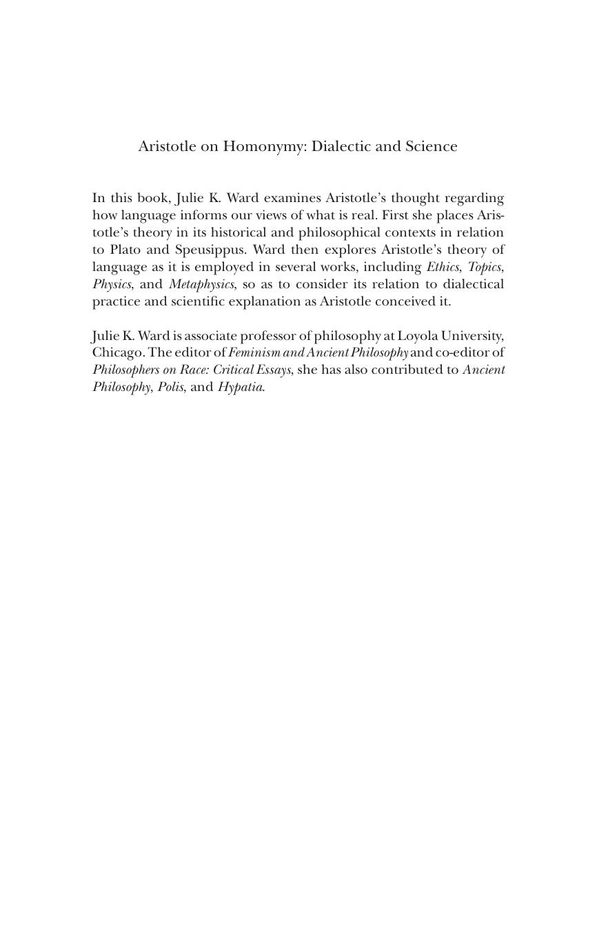 Aristotle on Homonymy: Dialectic and Science by Julie K. Ward