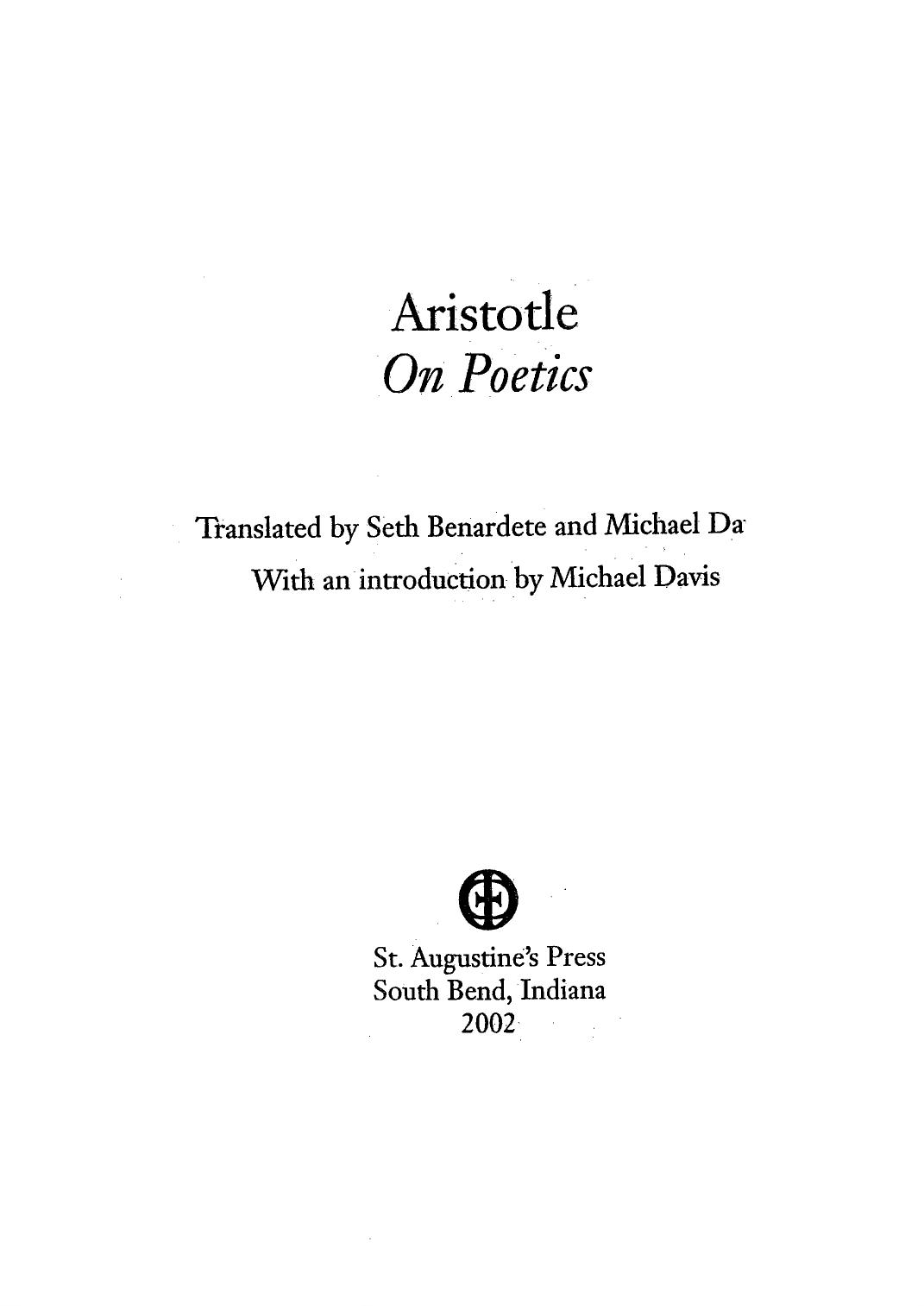 Aristotle on Poetics by Aristotle Seth Benardete Michael Davis