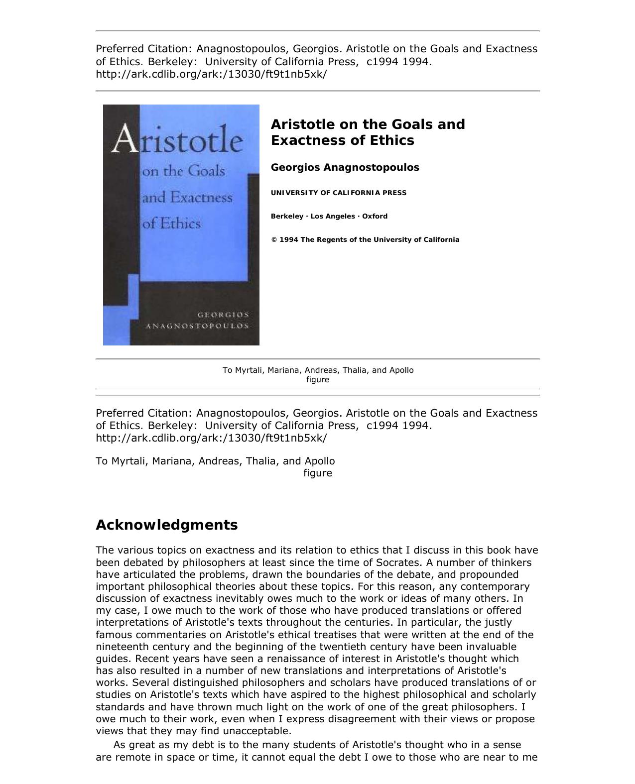 Aristotle on the Goals and Exactness of Ethics by Georgios Anagnostopoulos
