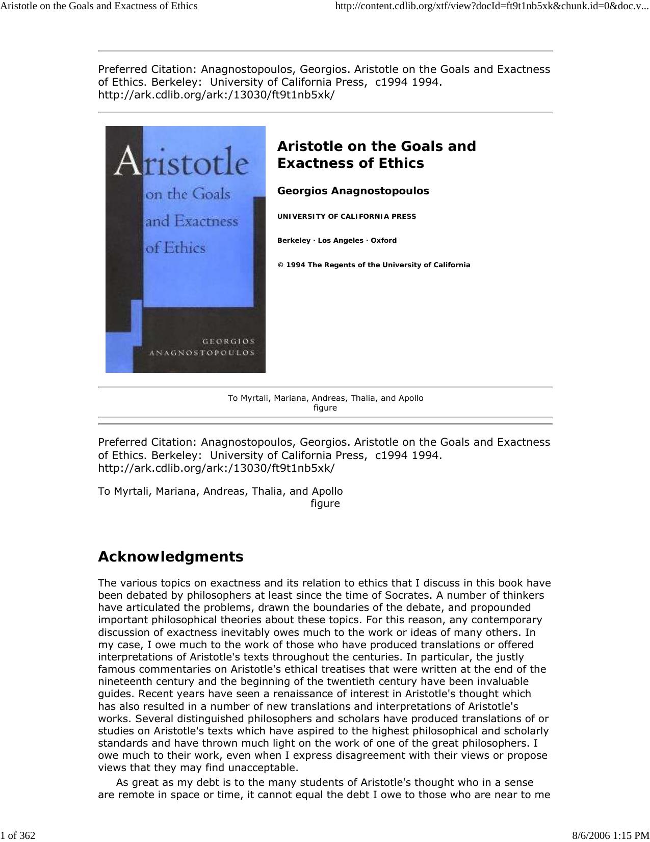Aristotle on the Goals and Exactness of Ethics by Master Clark