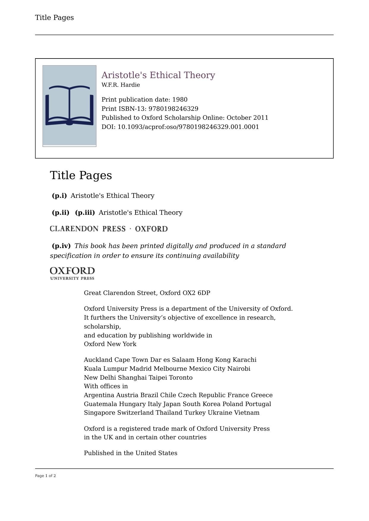Aristotle's Ethical Theory by William Francis Ross Hardie