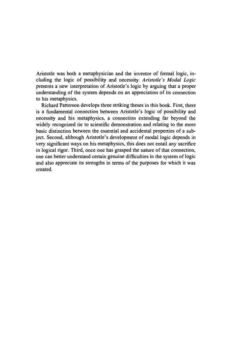 Aristotle's Modal Logic: Essence and Entailment in the Organon by Richard Patterson