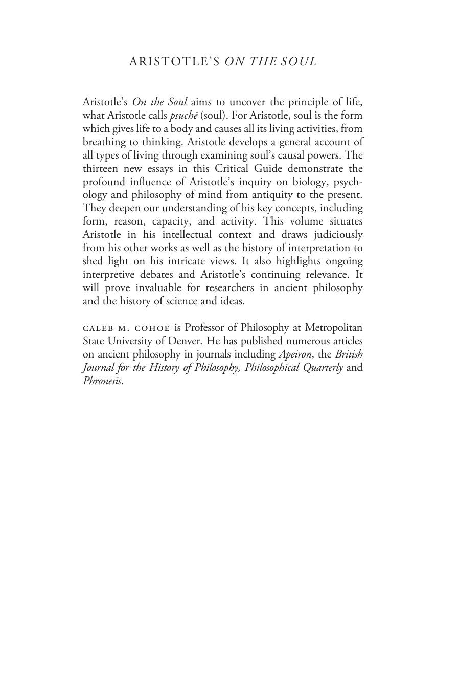 Aristotle's On the Soul: A Critical Guide by Caleb Cohoe