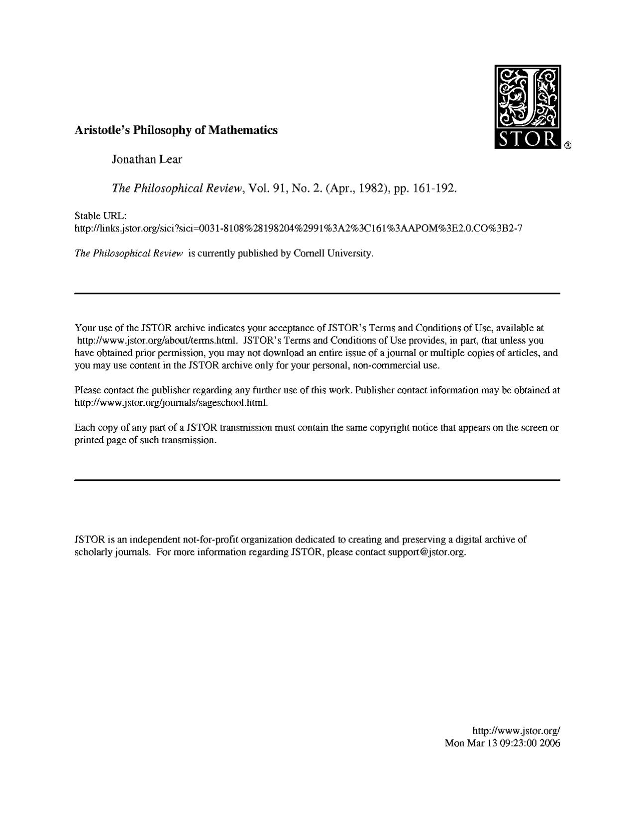 Aristotle's Philosophy Of Mathematics by Unknown
