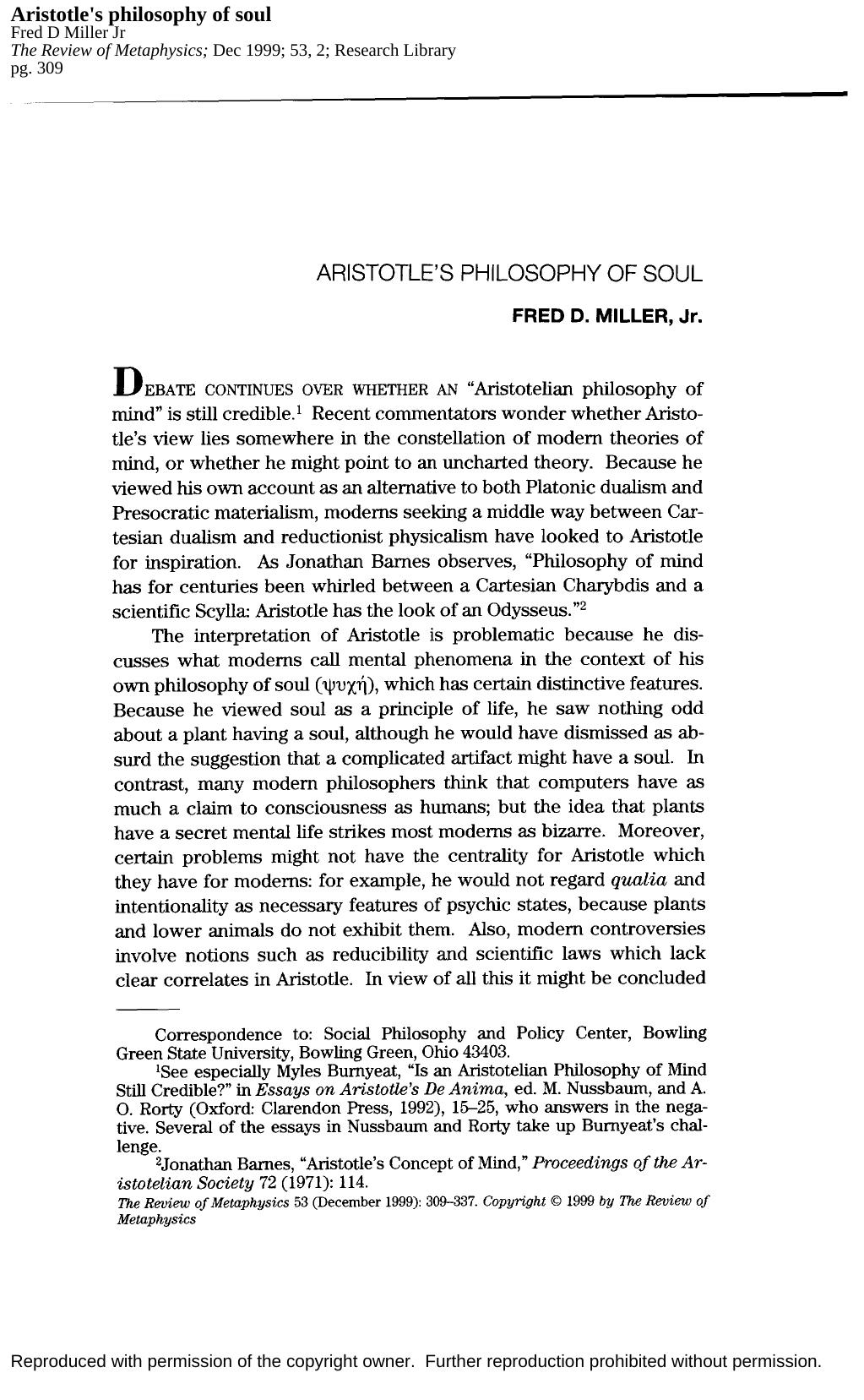 Aristotle's Philosophy Of Soul by Unknown