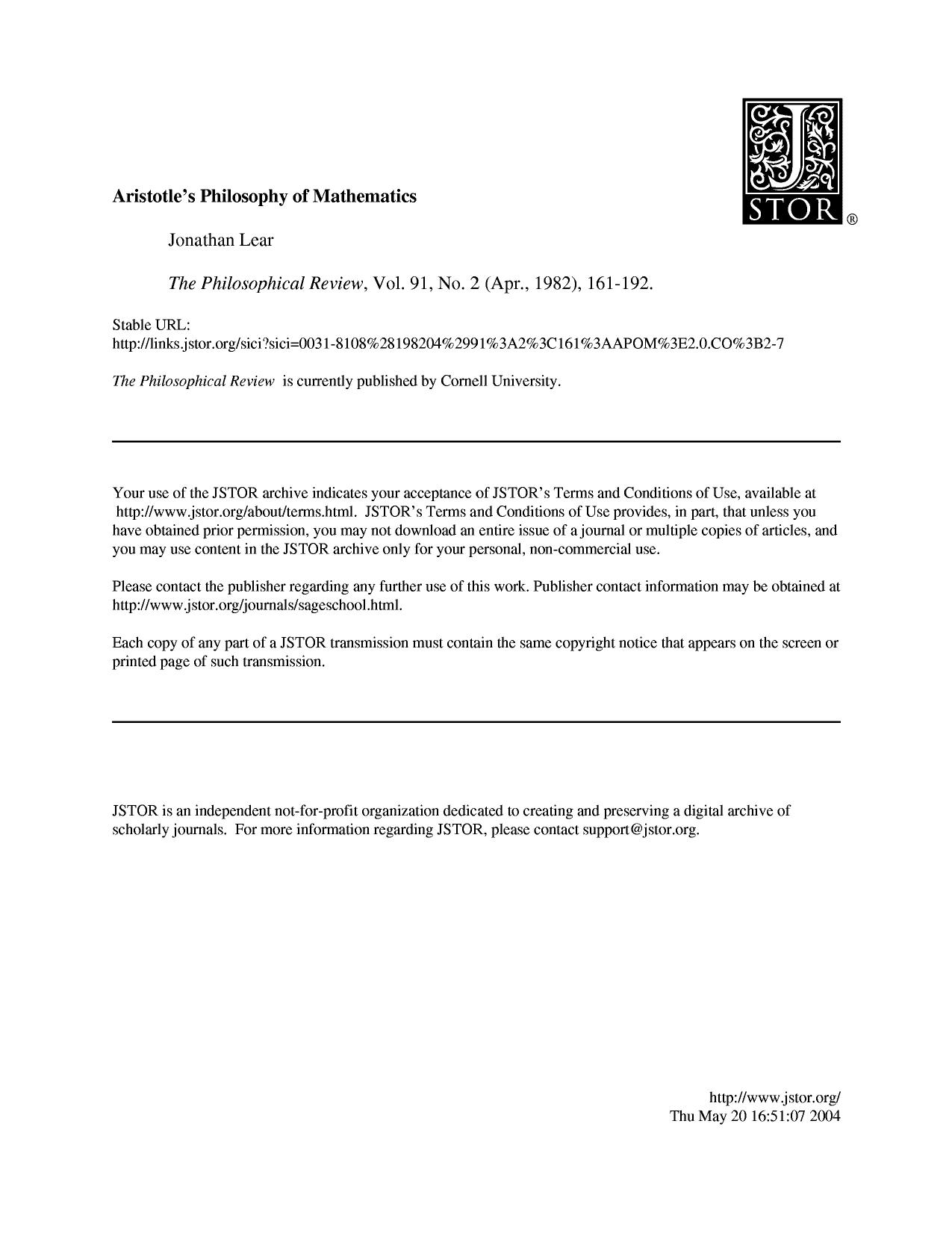 Aristotle's Philosophy of Mathematics by Unknown