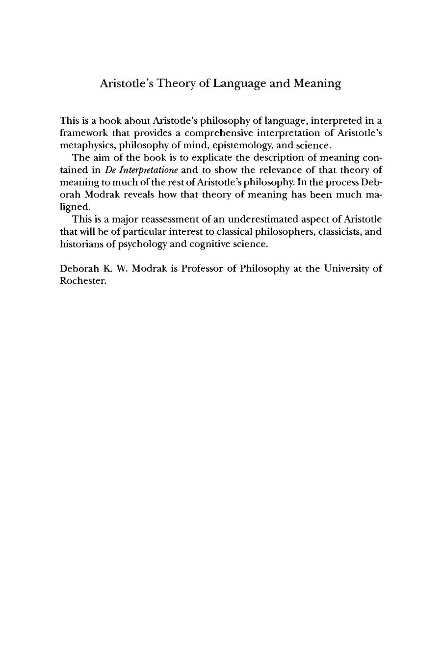 Aristotle's Theory of Language and Meaning by Deborah K. W. Modrak