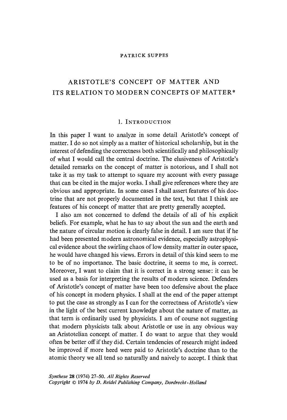 Aristotle's concept of matter and its relation to modern concepts of matter by Unknown