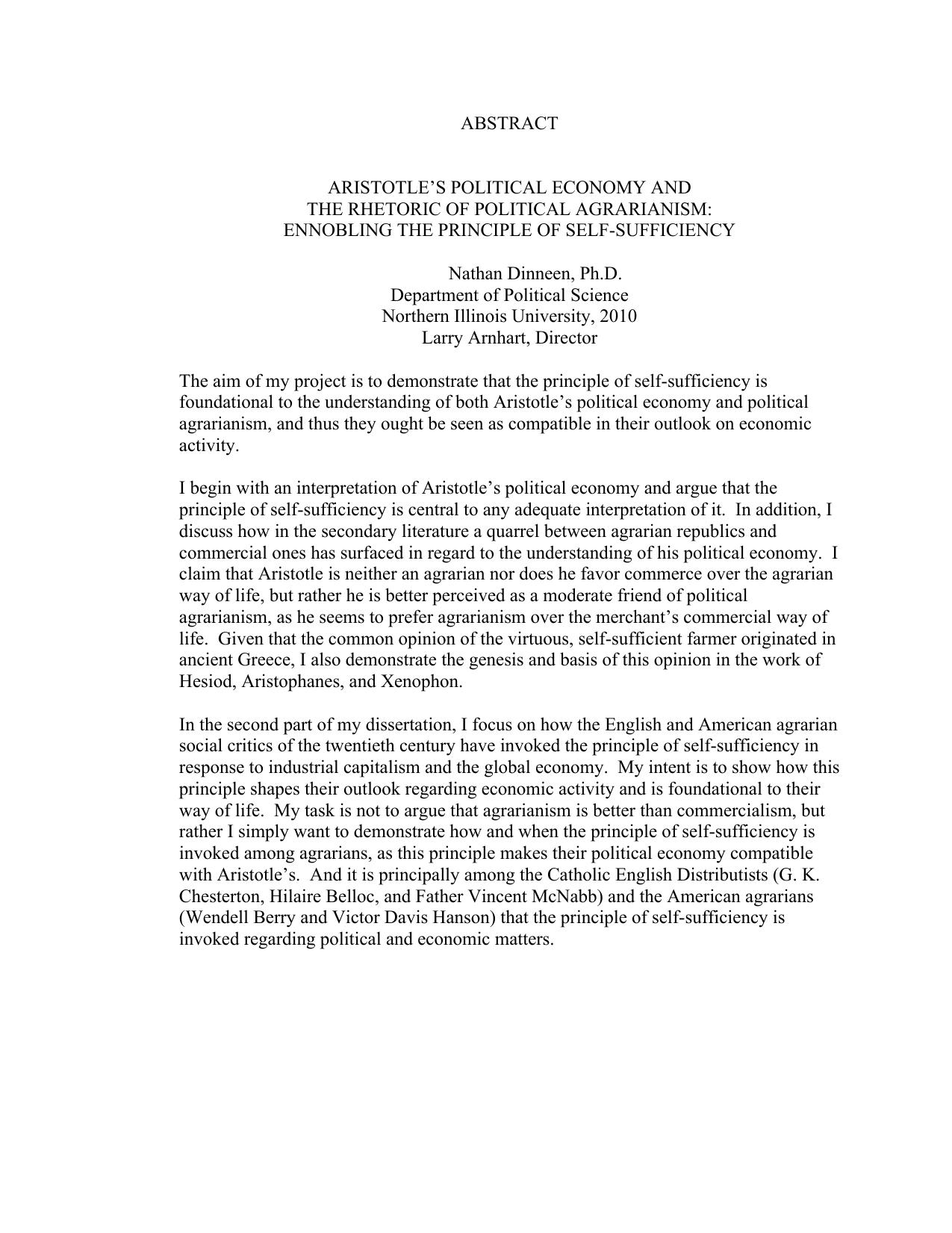 Aristotle's political economy and the rhetoric of political agrarianism: Ennobling the principle of self-sufficiency by Dinneen Nathan Michael