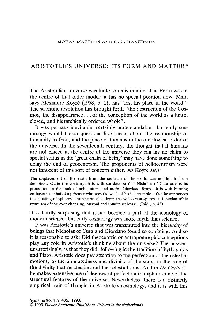 Aristotle's universe: Its form and matter by Unknown