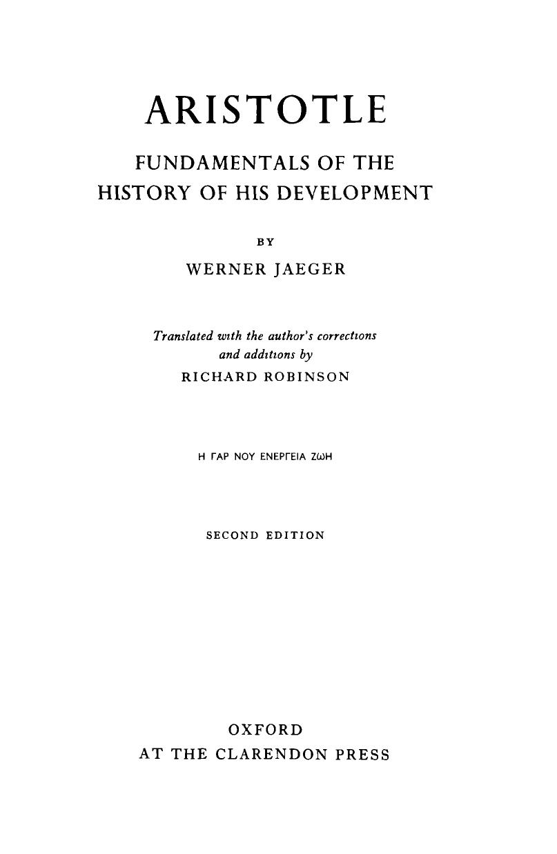 Aristotle;: Fundamentals of the history of his development by Werner Wilhelm Jaeger