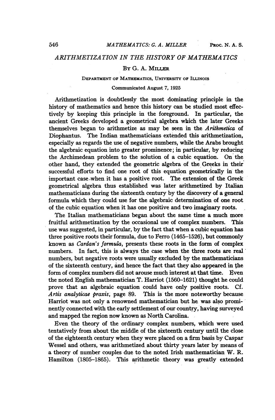 Arithmetization in the History of Mathematics by Miller G. A