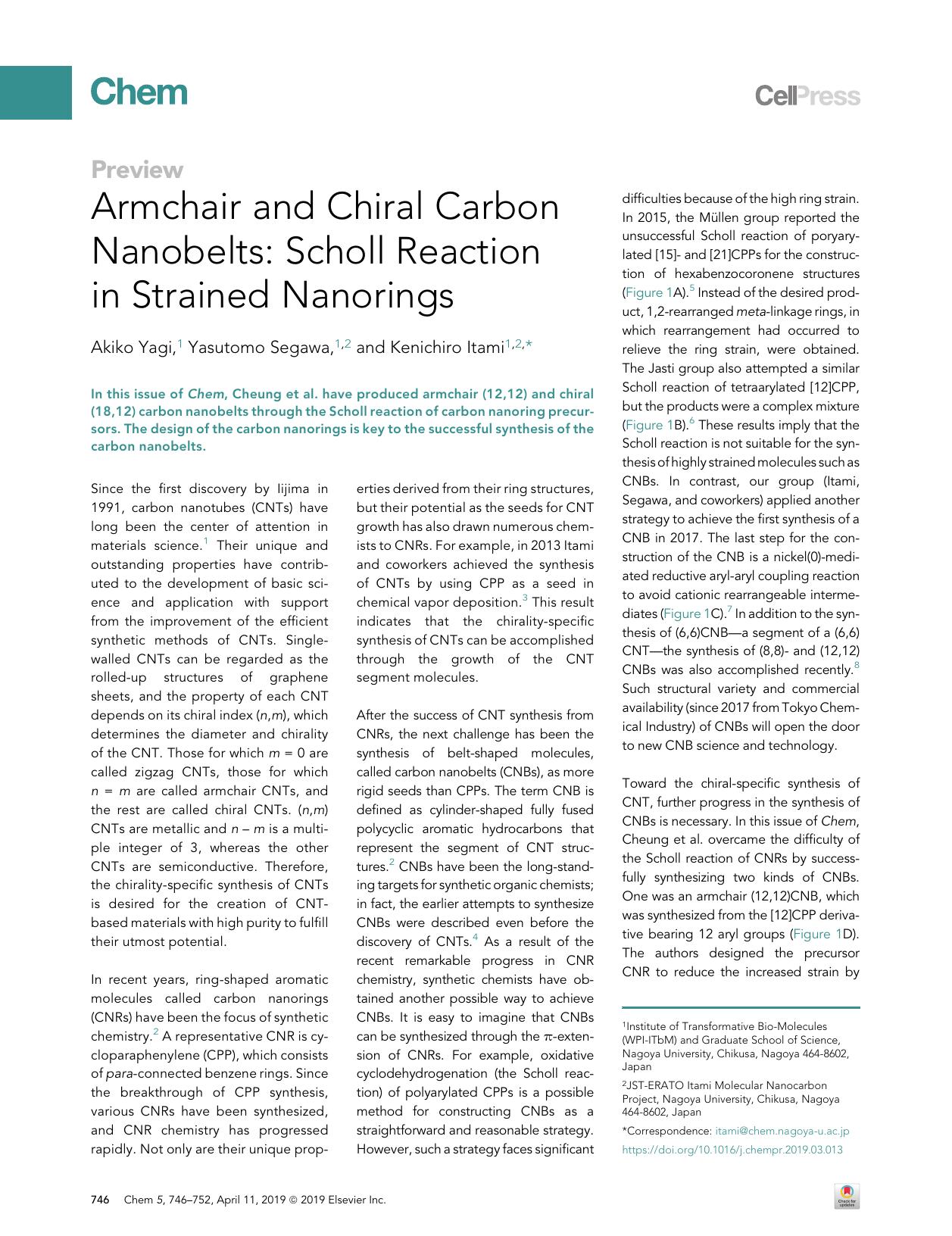 Armchair and Chiral Carbon Nanobelts: Scholl Reaction in Strained Nanorings by Akiko Yagi & Yasutomo Segawa & Kenichiro Itami