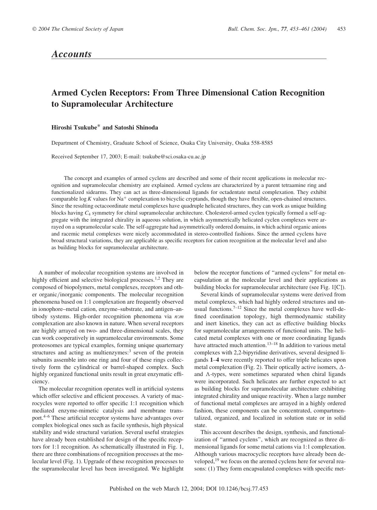 Armed Cyclen Receptors: From Three Dimensional Cation Recognition to Supramolecular Architecture by Hiroshi Tsukube & Satoshi Shinoda