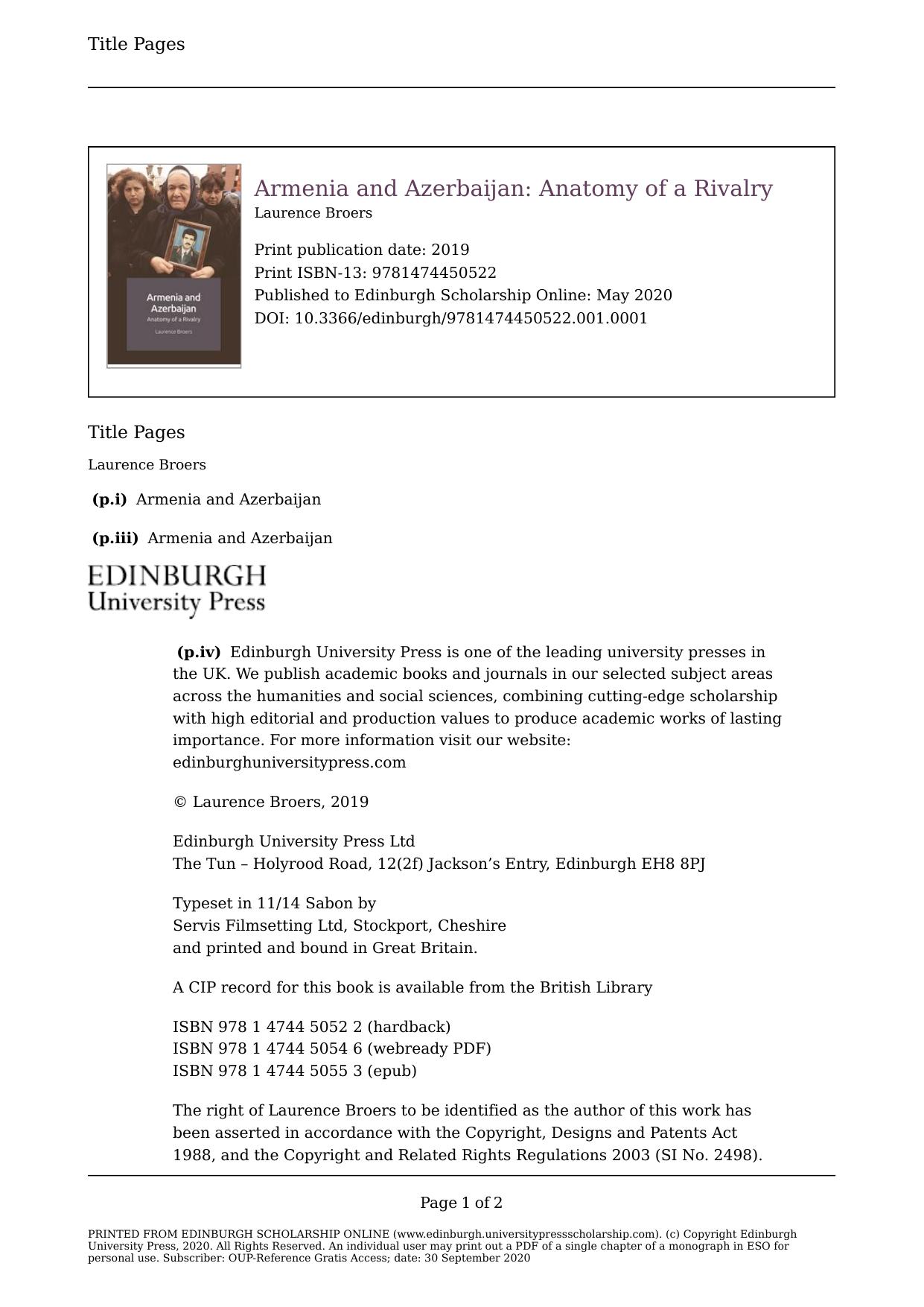 Armenia and Azerbaijan: (Anatomy of a Rivalry) by Laurence Broers