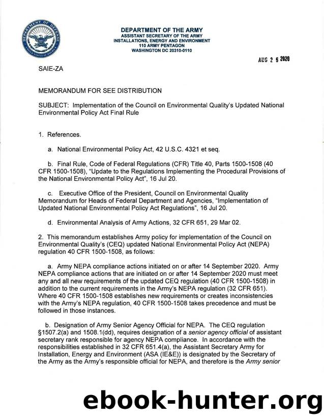 Army NEPA Policy Memorandum by Unknown