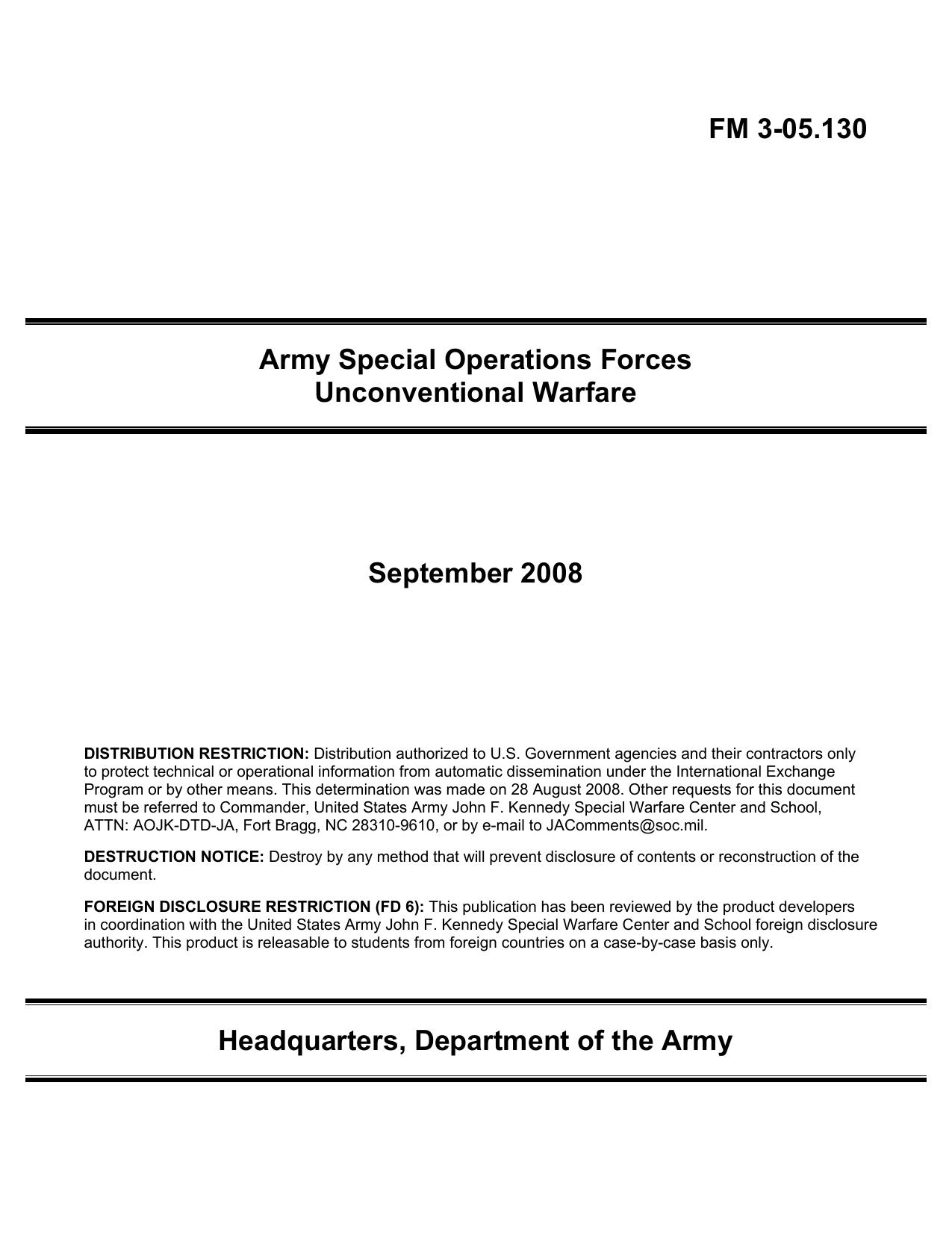 Army Special Operations Forces Unconventional Warfare by FM 3-05.130