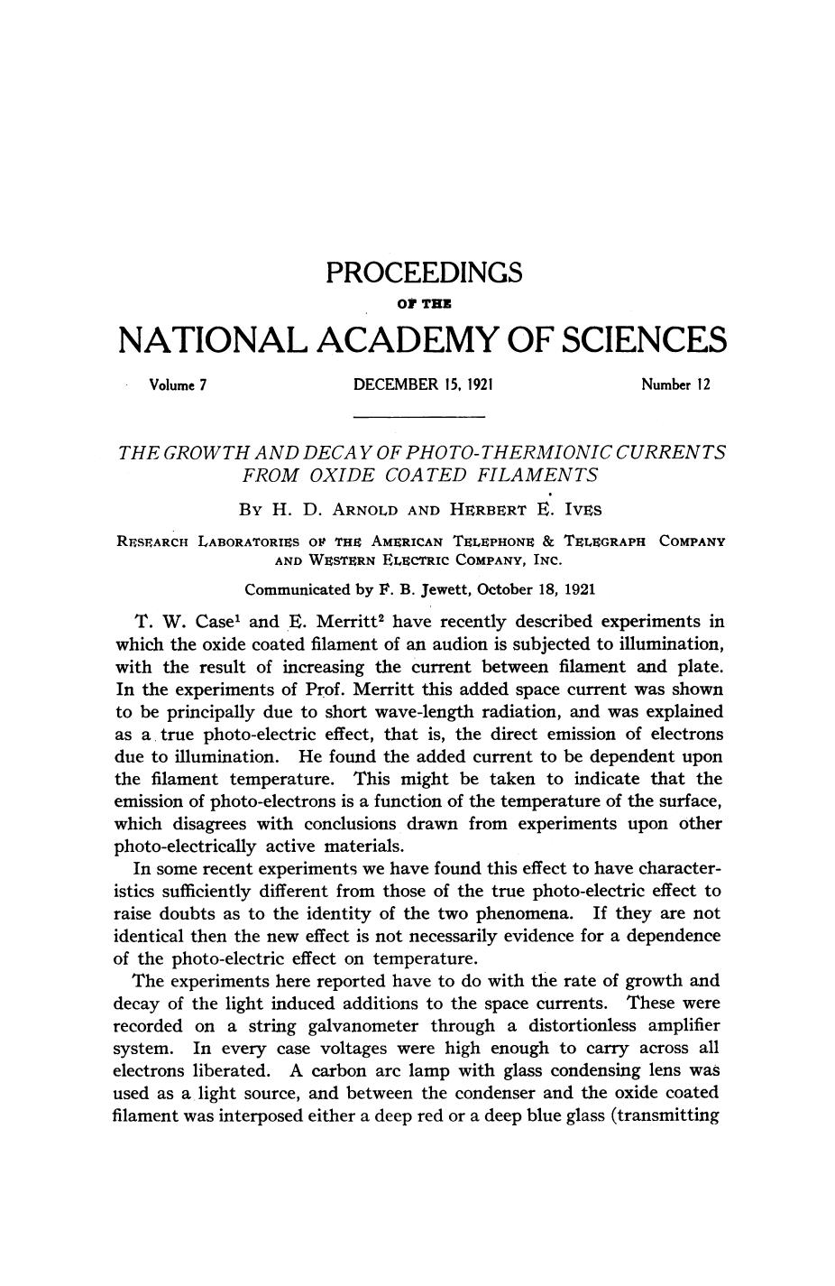 Arnold H. D., Ives H. E. by The Growth & Decay of Photo-thermionic Currents from Oxide Coated Filaments (1921)(6s)