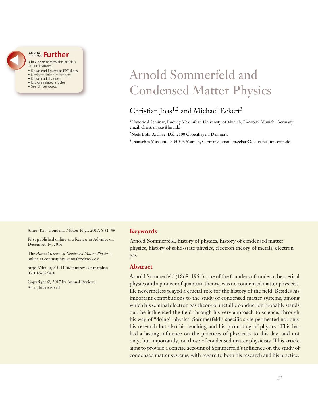Arnold Sommerfeld and Condensed Matter Physics by Christian Joas and Michael Eckert